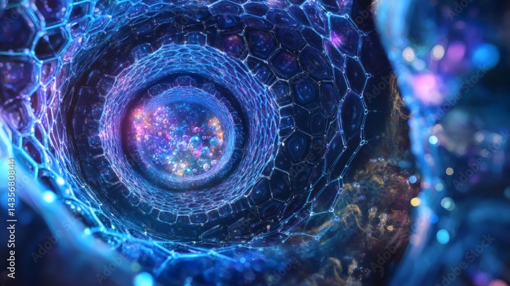 Poster blue cybernetic background with radiant hexagons and energetic digital pathways weaving through laye