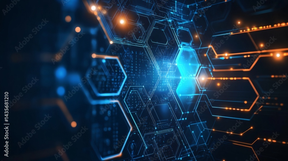 Poster sleek futuristic background with a matrix of glowing blue hexagons and vibrant circuit paths