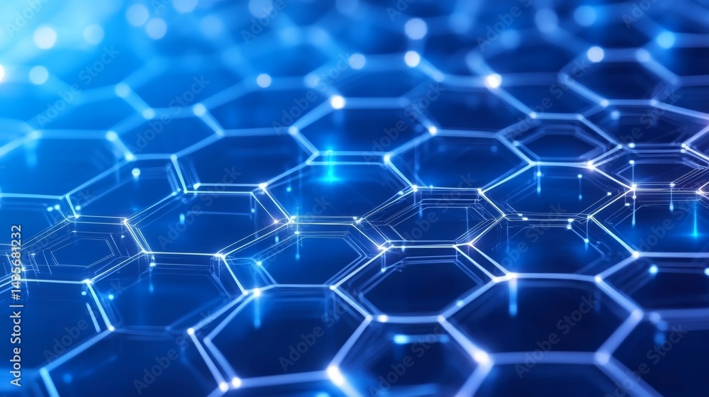 Poster smooth layered blue cyber backdrop with connected circuit pathways and subtly lit hexagon motifs