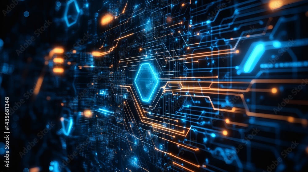 Poster sleek futuristic background with a matrix of glowing blue hexagons and vibrant circuit paths