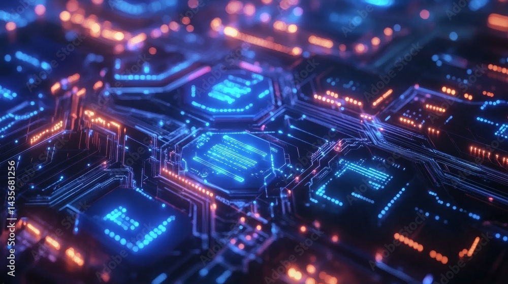 Poster sleek futuristic background with a matrix of glowing blue hexagons and vibrant circuit paths