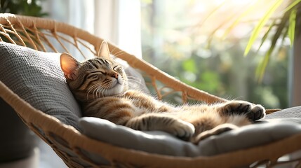 Fototapeta na wymiar Relaxed cat in wicker chair by window. Sunlight streams through. Possible use Interior design, pet comfort, home ambiance