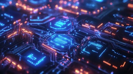 Obraz premium Sleek futuristic background with a matrix of glowing blue hexagons and vibrant circuit paths 