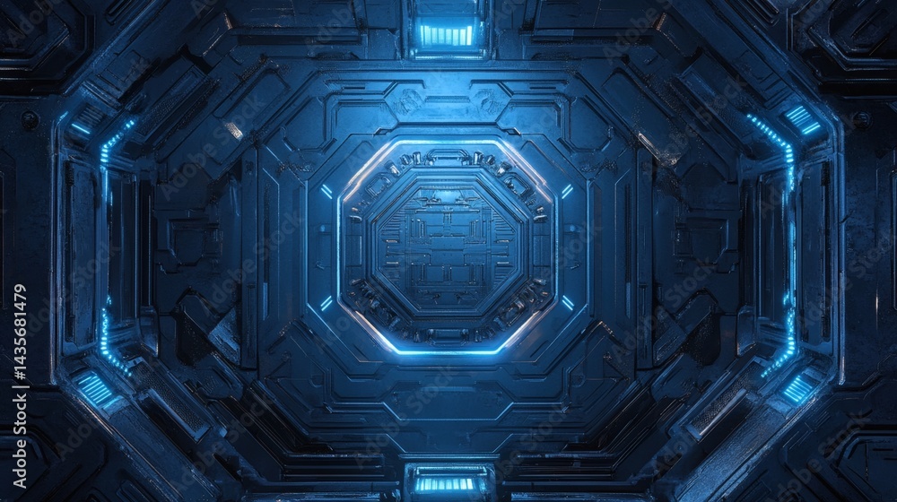 Aufkleber sci-fi blue backdrop with complex layered circuitry and faint glowing hexagonal textures