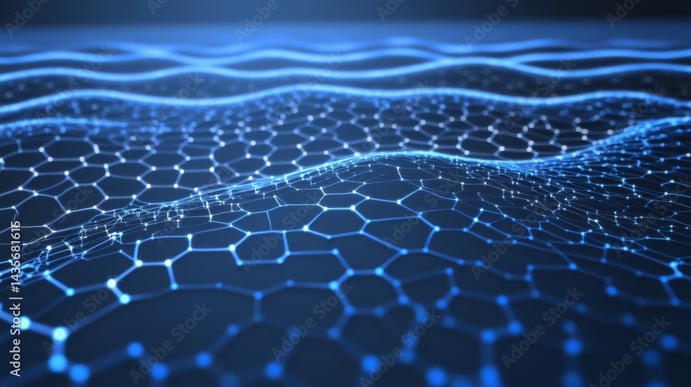 Poster layered technological blue surface with streaming circuits and a network of gentle glowing hexagons