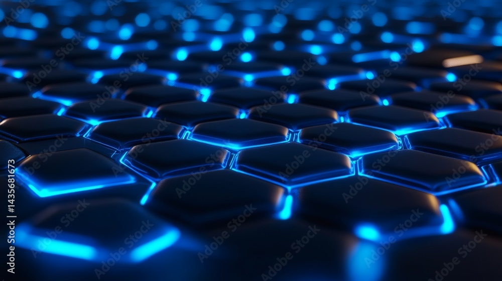 Poster layered technological blue surface with streaming circuits and a network of gentle glowing hexagons