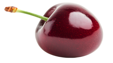Single, ripe, dark red cherry.  Glossy, smooth skin.  Stem attached