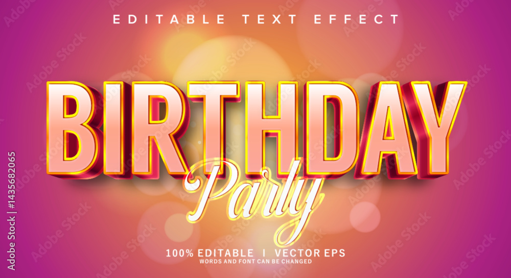 Poster birthday party 3d vector text effect with modern style design