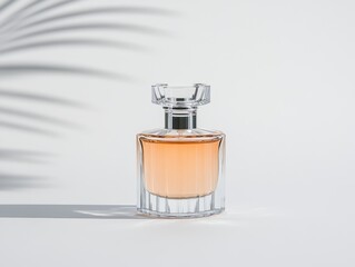 Elegant perfume bottle, amber liquid,  soft light, palm leaf shadow