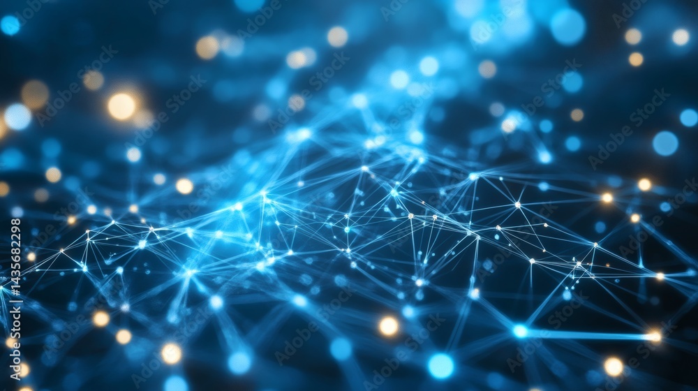 Poster futuristic cybernetic blue background with intricate glowing circuit lines forming an interconnected