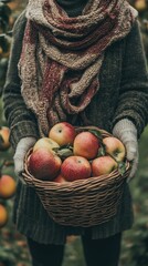 Person holding basket of apples, autumn attire.