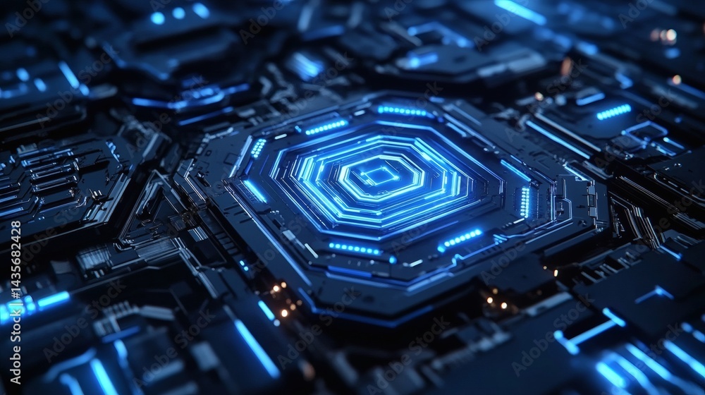 Poster electronic tech-inspired blue background with intricate circuit layouts and luminous hexagon element