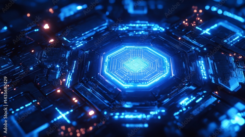 Poster energetic blue circuit background with radiant hexagon accents and multi-level circuit layers