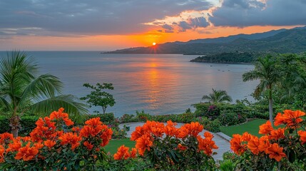 Tropical ocean sunset with bright orange flowers
