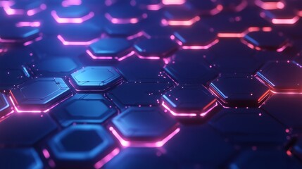 Fototapeta premium Digital cyber blue background featuring overlapping circuit routes and softly lit hexagons 