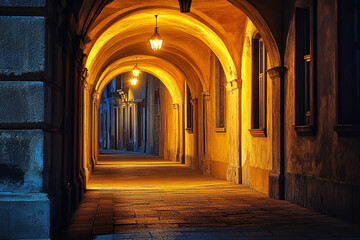 Fototapeta premium Historic arched passageway illuminated by warm lantern lights in a quiet evening atmosphere
