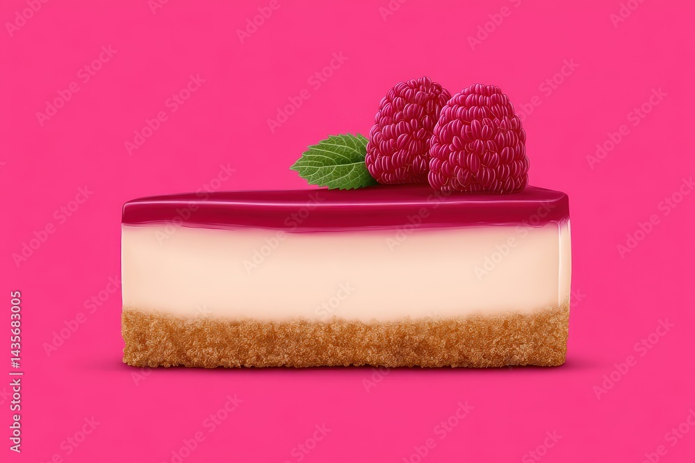 Poster clean pink background featuring raspberry mousse cake on graham crust with minimalistic aesthetic to