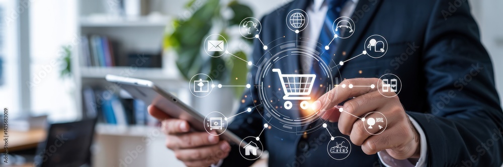 Poster digital shopping cart interface displayed on a tablet.