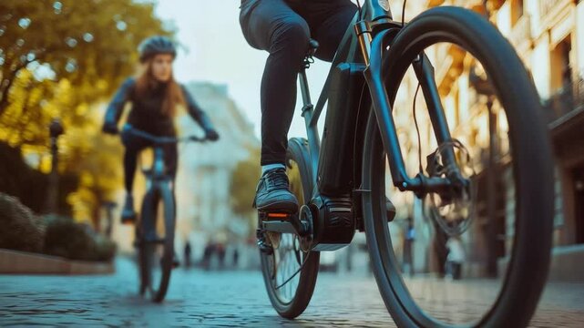 Closeup of two women riding electric fat-tire bikes through the city streets, emphasizing modern urban mobility, eco-friendly transportation, and outdoor active lifestyle in an urban environment.
