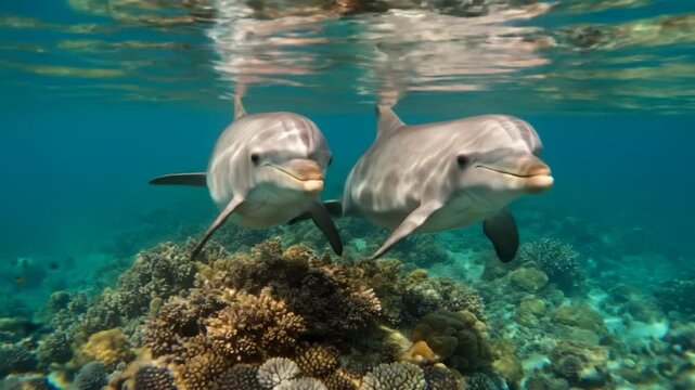 Playful Dolphins in a Tropical Underwater Scene