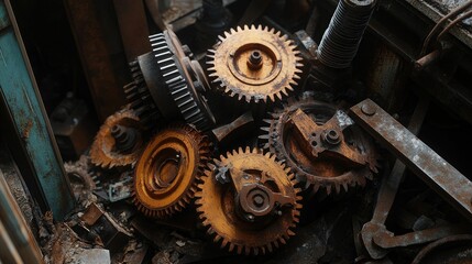 Rusty metal gears and industrial debris.
