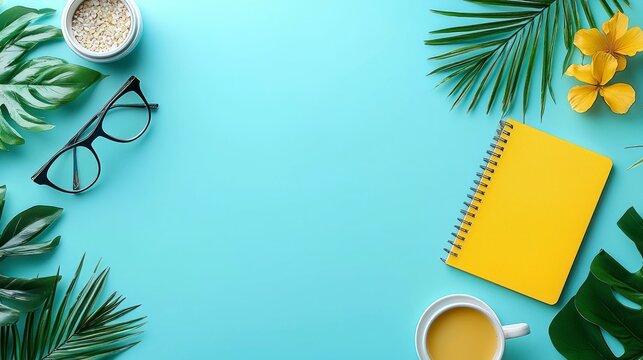 Tropical setup with notebook and coffee on blue