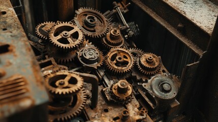 Rusty gears, intricate mechanism, aged machinery.