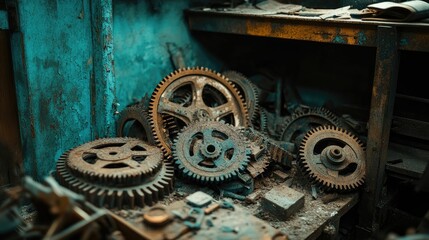 Rusty gears piled on a weathered surface.