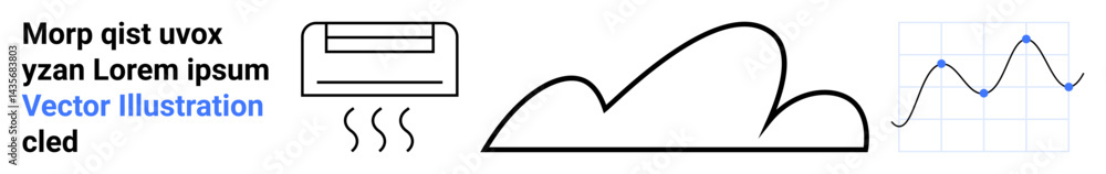 Poster air conditioner emitting lines, minimalist cloud shape, and simple line graph on grid. ideal for dat