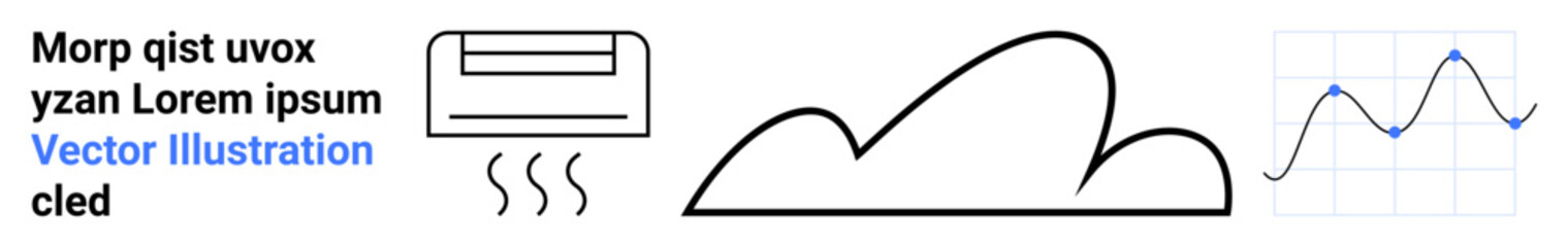 Air conditioner emitting lines, minimalist cloud shape, and simple line graph on grid. Ideal for data visualization, climate, energy, technology, comfort, environment or weather-driven simple