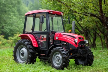 Obraz premium Modern Red Compact Tractor: Efficient Transportation for Small Farms and Rural Landscapes