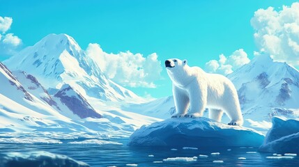 Polar bear stands on ice, snowy mountains background.