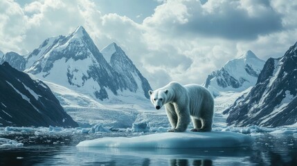 Polar bear stands on ice floe, glacial mountains.