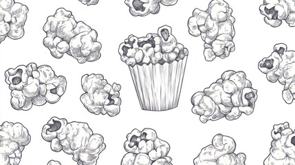 Fototapeta premium Seamless pattern of popcorn kernels and a cup of popcorn in hand-drawn style.
