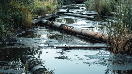 Polluted waterway, rusted pipes, debris, vegetation.