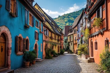 Fototapeta premium Charming Street Scene in Kaysersberg, Alsace: A Colorful Display of Bright Architecture and Picturesque Facades