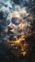 Face obscured by swirling, luminous smoke.