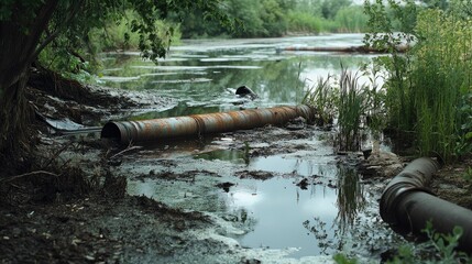 Rusty pipes, polluted water, riverside debris.