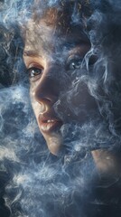 Woman's face obscured by swirling smoke.