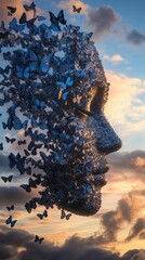 Serene face fragmented, butterflies, sunset sky.