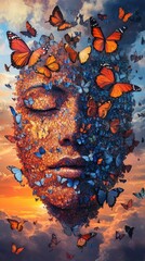 Serene face formed from butterflies, sunset clouds.