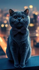 Gray cat, bow tie, city lights, nighttime.