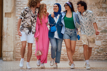 Fototapeta premium Multicultural Teenagers Embracing the Joy of Exploring a Coastal Tourist City on a Sunny Day.