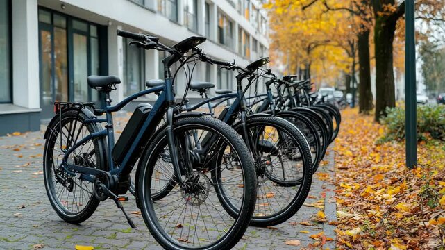 Row of modern electric bicycles parked near office buildings in autumn park setting. Concept of eco-friendly commuting, urban mobility, and sustainable transport in a city environmen
