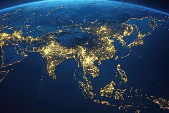 Nighttime view of Asia's city lights.  A detailed, high-altitude map shows the illuminated cities and towns across Asia and surrounding areas