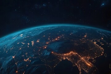 Fototapeta premium Earth at night, seen from space, with city lights illuminating continents