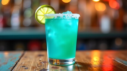 Colorful Turquoise Margarita Glass with Lime Garnish on Rustic Wooden Table 