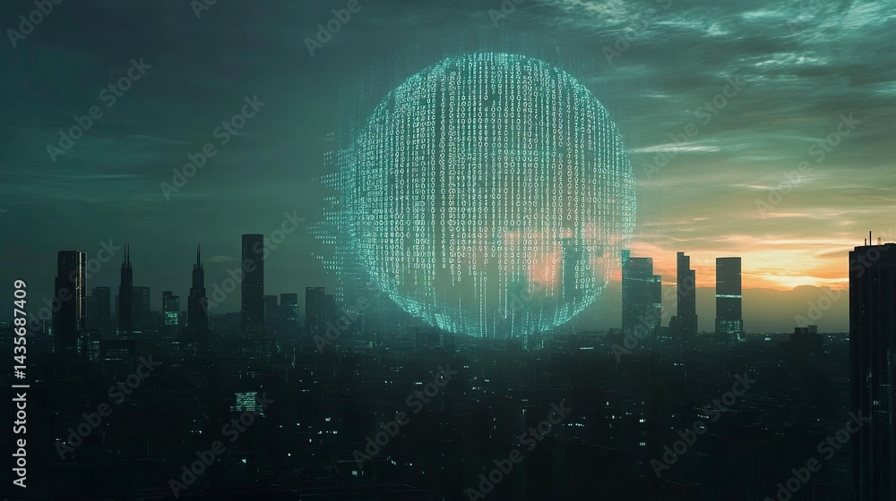 Poster digital earth globe with binary code and digital network background, ai technology concept with city