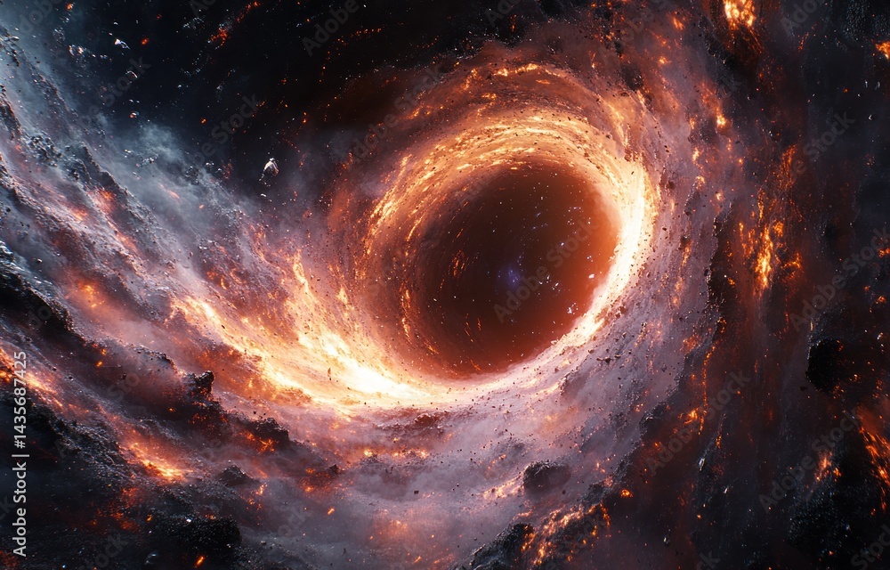 Poster fiery cosmic vortex swirling through the celestial void.