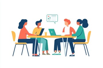 A group of young business people are seated at an office table, engaged in discussion and smiling as they share fresh ideas